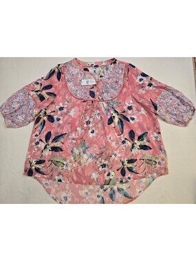 NEW Cupio Womens 2X Floral Print Blouse Pink 3/4 Sleeves Boho Cottagecore